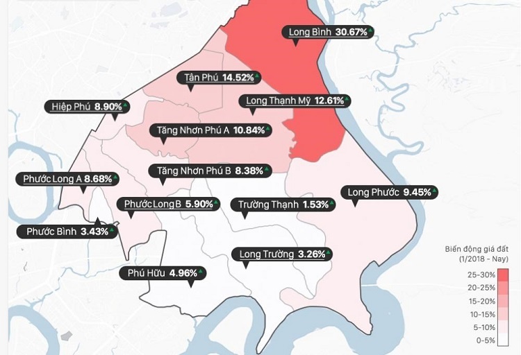 Bản đồ giá đất nền Quận 9, TP. Hồ Chí Minh. Nguồn dữ liệu: Gachvang.com